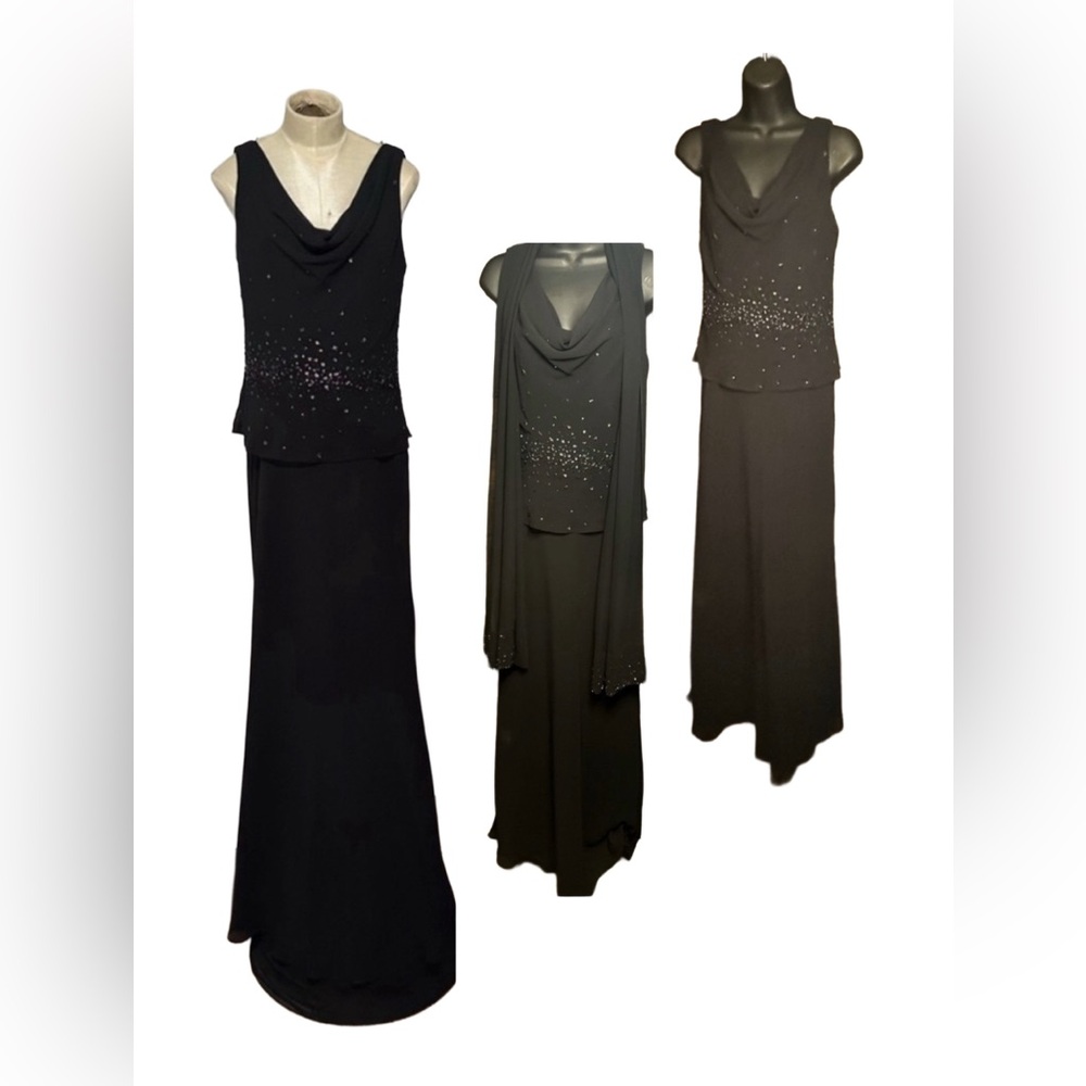 Michaelangelo Elegant Black Evening Gown with Shawl - Picture 2 of 6